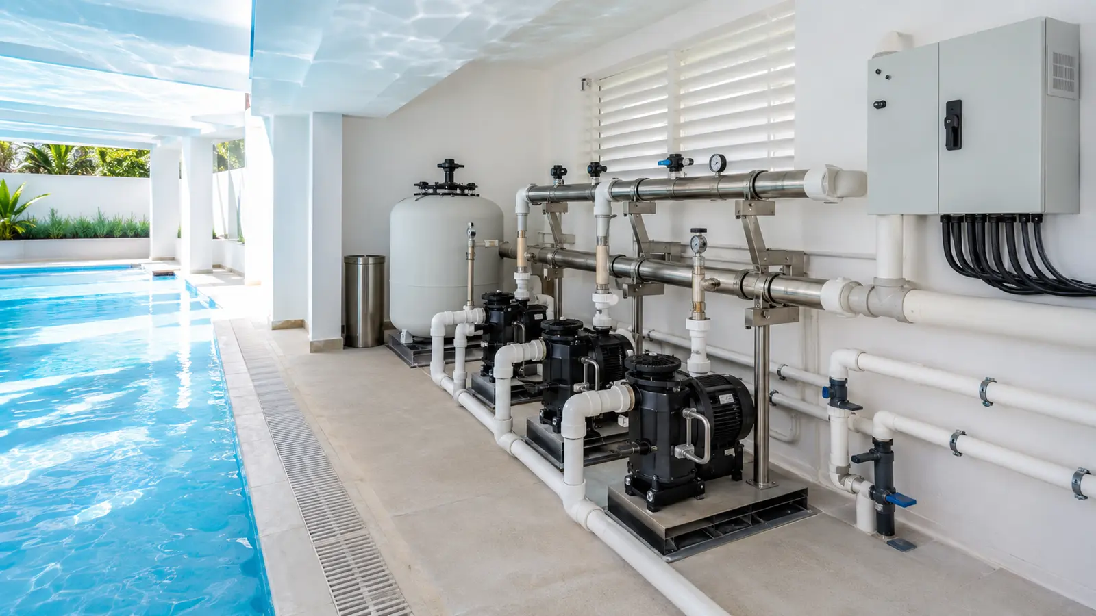 Sistema moderno e organizado de circulação de água para piscina