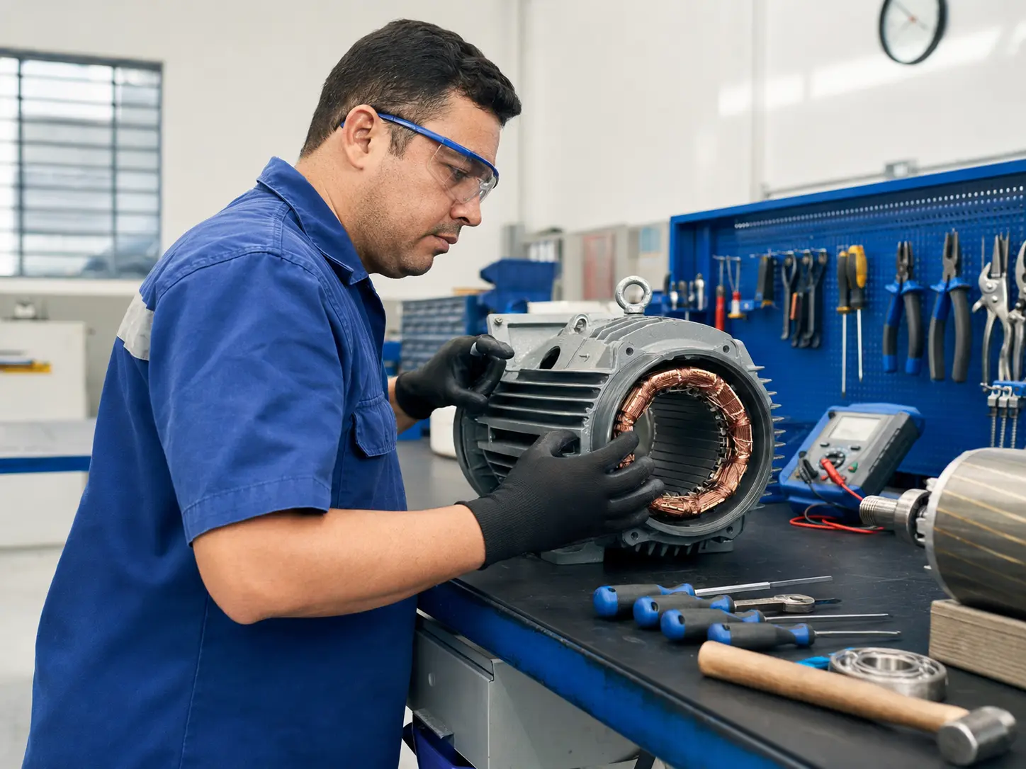 Técnico inspecionando um motor elétrico em oficina organizada